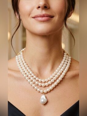 Elegant 16" Triple Strand Faux Pearl Necklace with Baroque Pearl Pendant